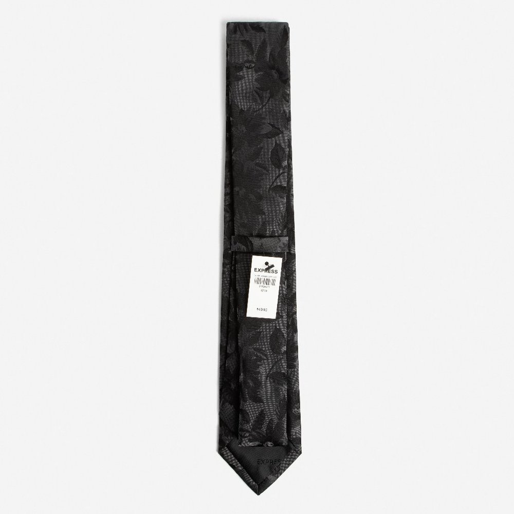 Grey Black Narrow Floral Silk Tie - Picture 3 of 4